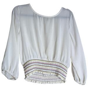 Lily White Cropped Tops Women Large White Smocked Sheer Boho Peasant Prairie